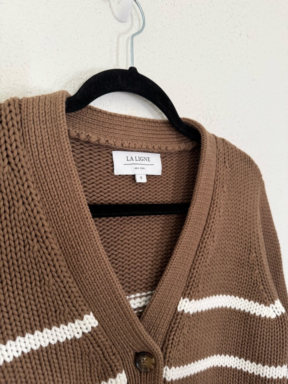 LA LIGNE Mini Marina Chunky Knit Cardigan Sweater Tan Cream Stripe Small - Picture 5 of 7
